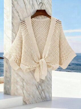 Apricot Casual Women's Hollow V-Neck Tie Loose Versatile Sexy Cardigan